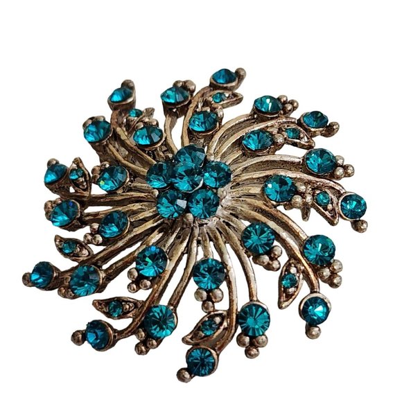 Vintage Turquoise Rhinestone Crystal Flower Swirl Blue Pin Brooch - Picture 7 of 16